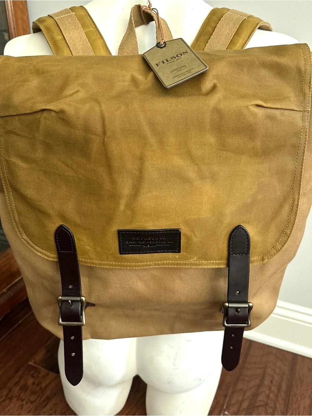 Filson Tan Canvas Backpack with Dark Brown Leather Straps